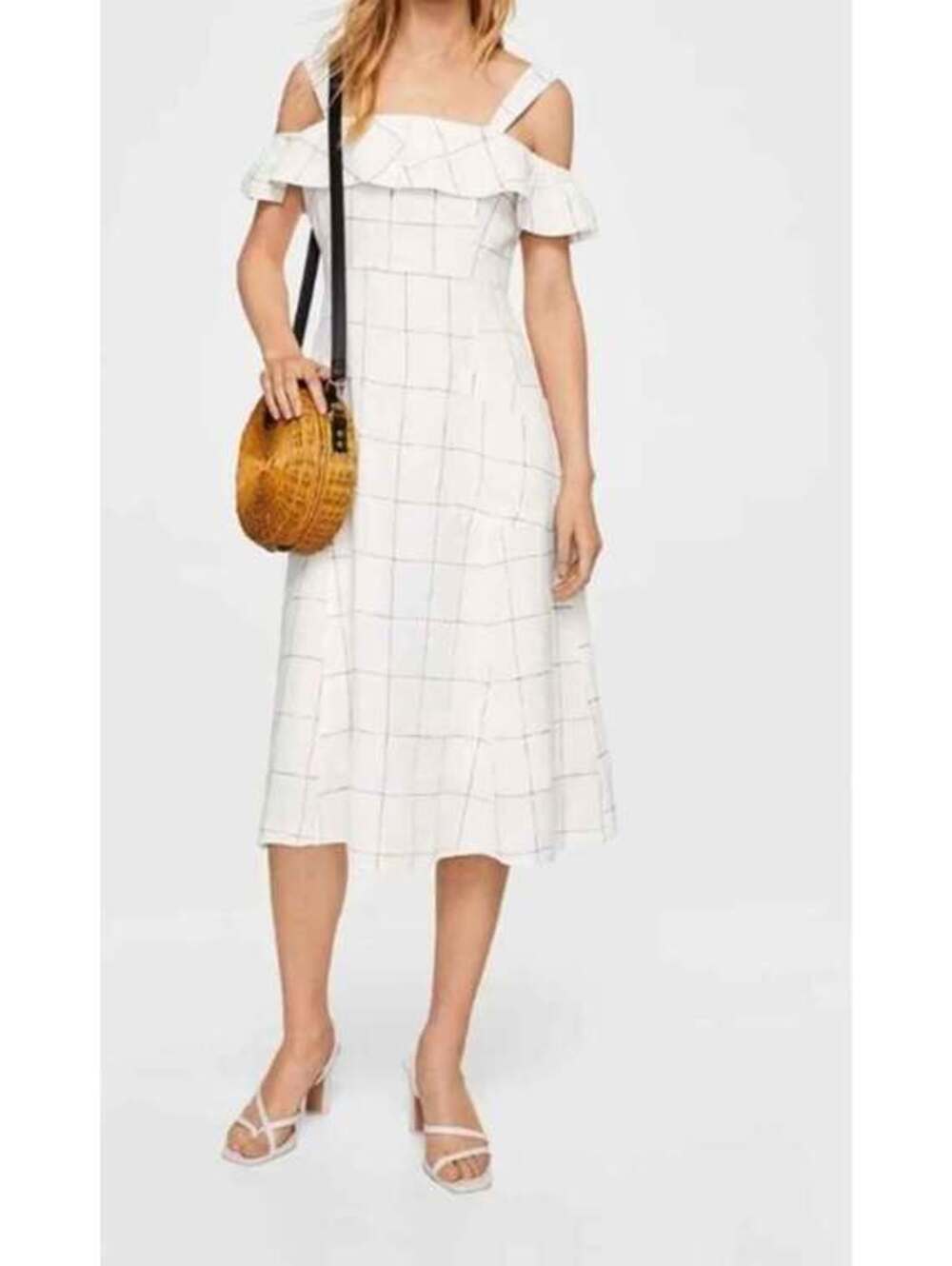 Mango Casual Linen Blend White Grid Dress XS